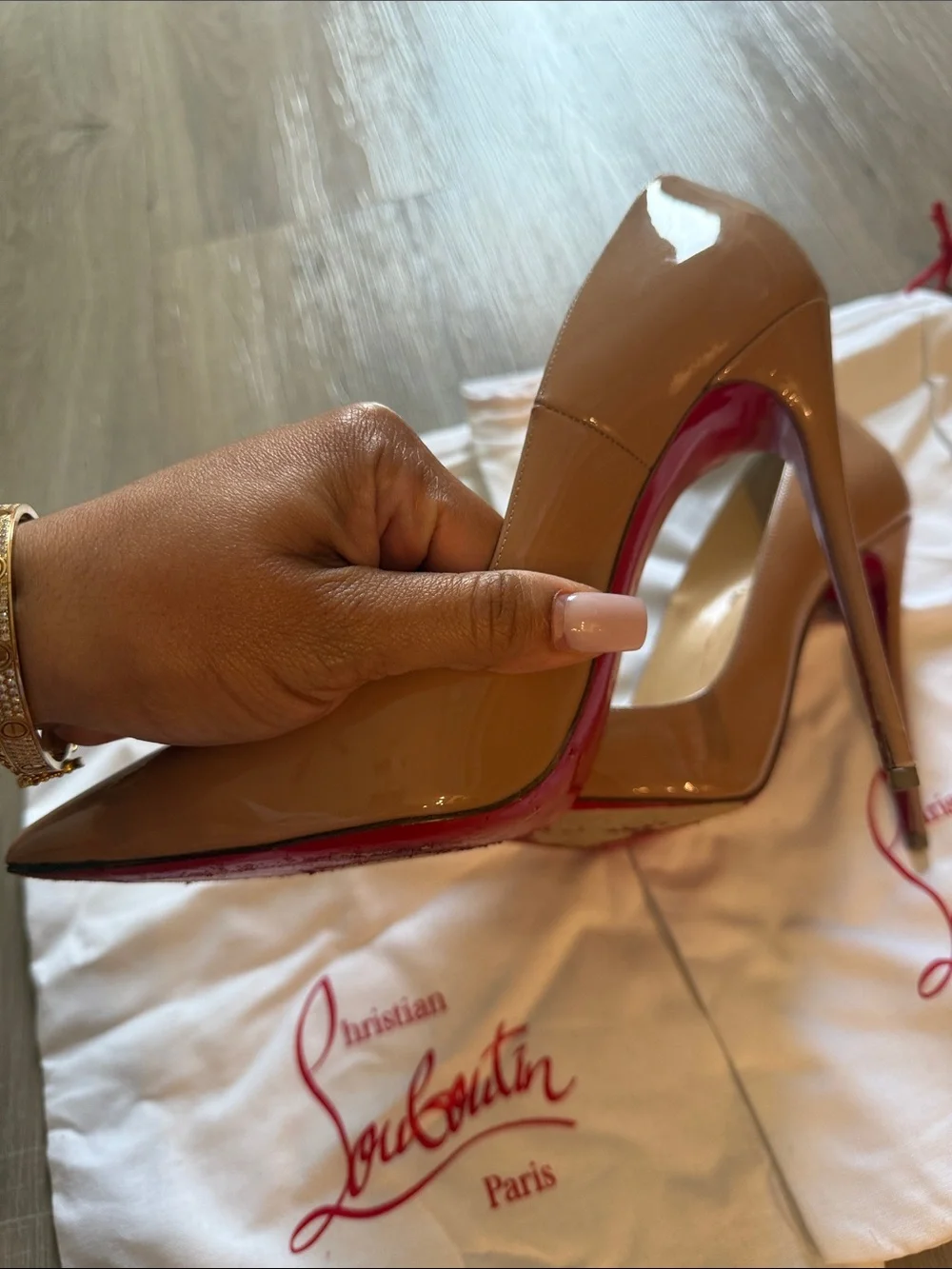 Christian Louboutin Nude Patent Pointed Toe Stiletto Pumps